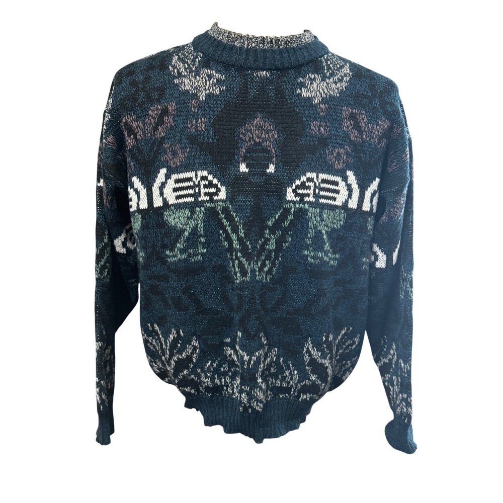 Vintage Michael Gerald Mens Medium Abstract Jacquard Knit Crewneck Sweater Blue